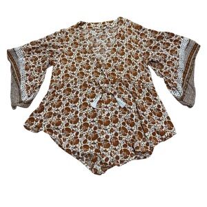 Rip Curl Brown Floral Flowy Blouse With Tasseled and Crocheted Details